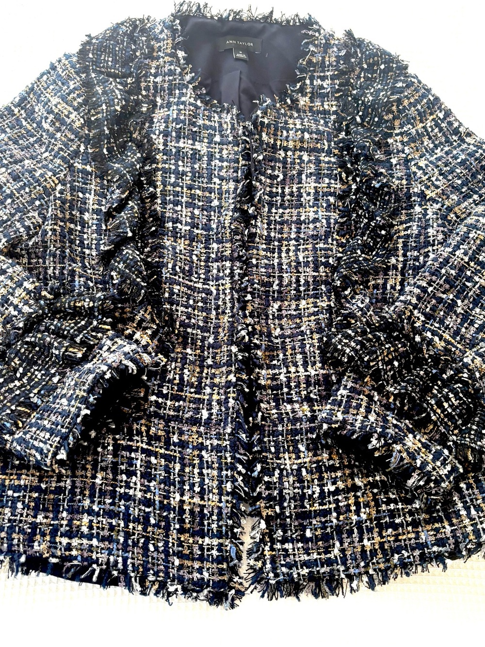 Ann Taylor Navy and White Tweed Fringe Blazer